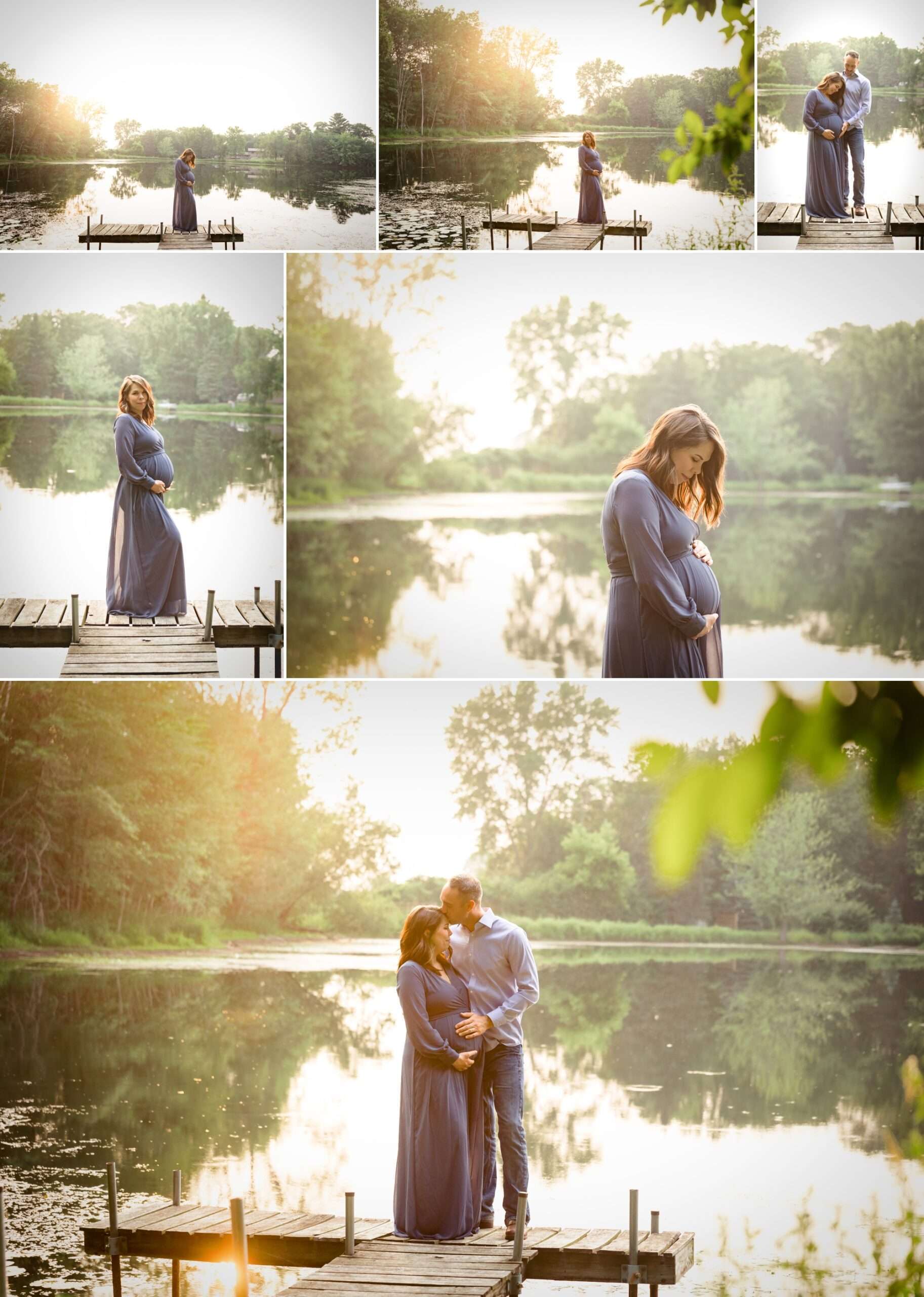 pregnancy photos on a dock by the water with sun setting behind them