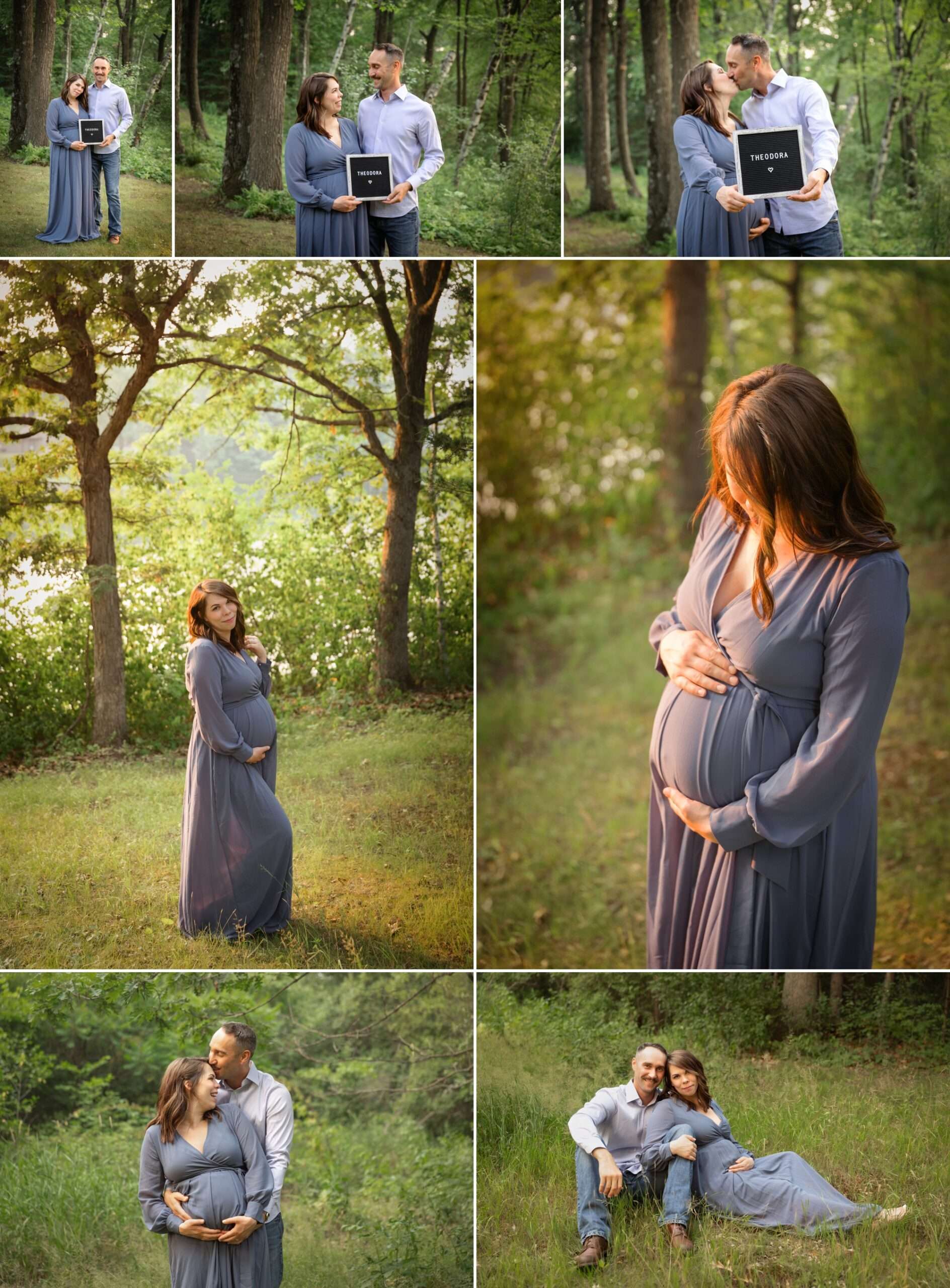 mom and couple posing for maternity photos in the woods