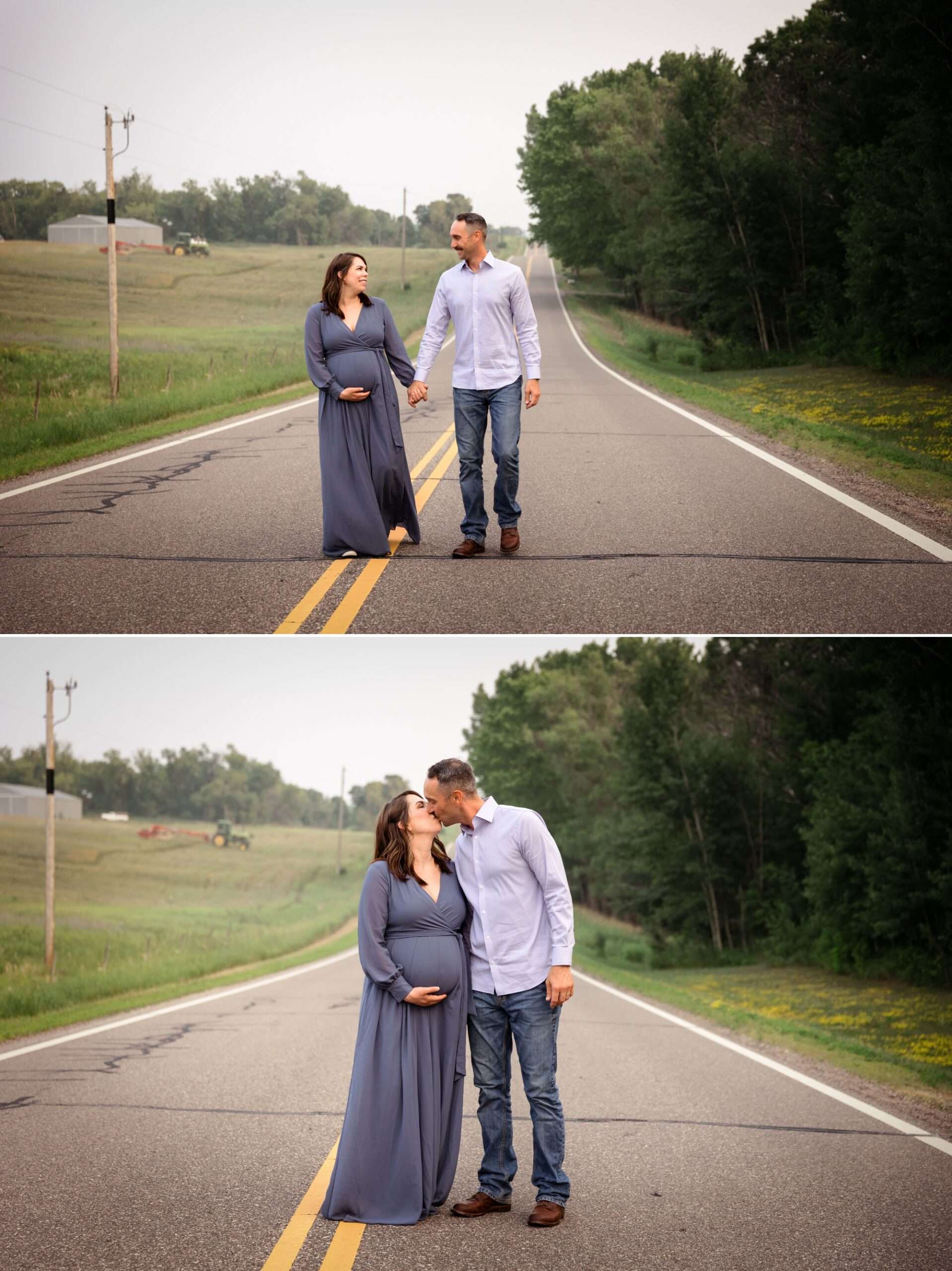 pregnant couple walking down the street in Hugo, mn