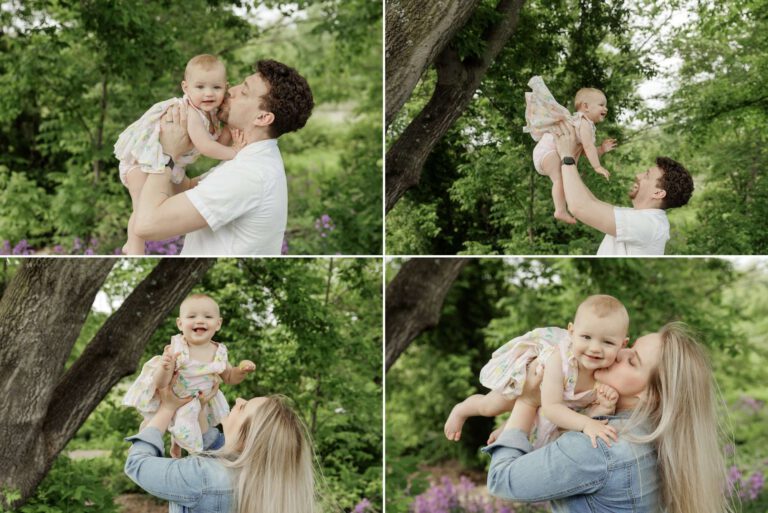 one year baby girl posing with mom and dad outdoors in plymouth mn