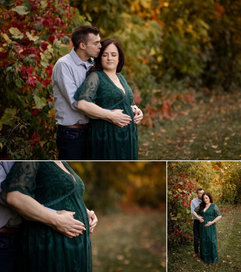 pregnant couple posing for maternity photos in the fall in plymouth mn