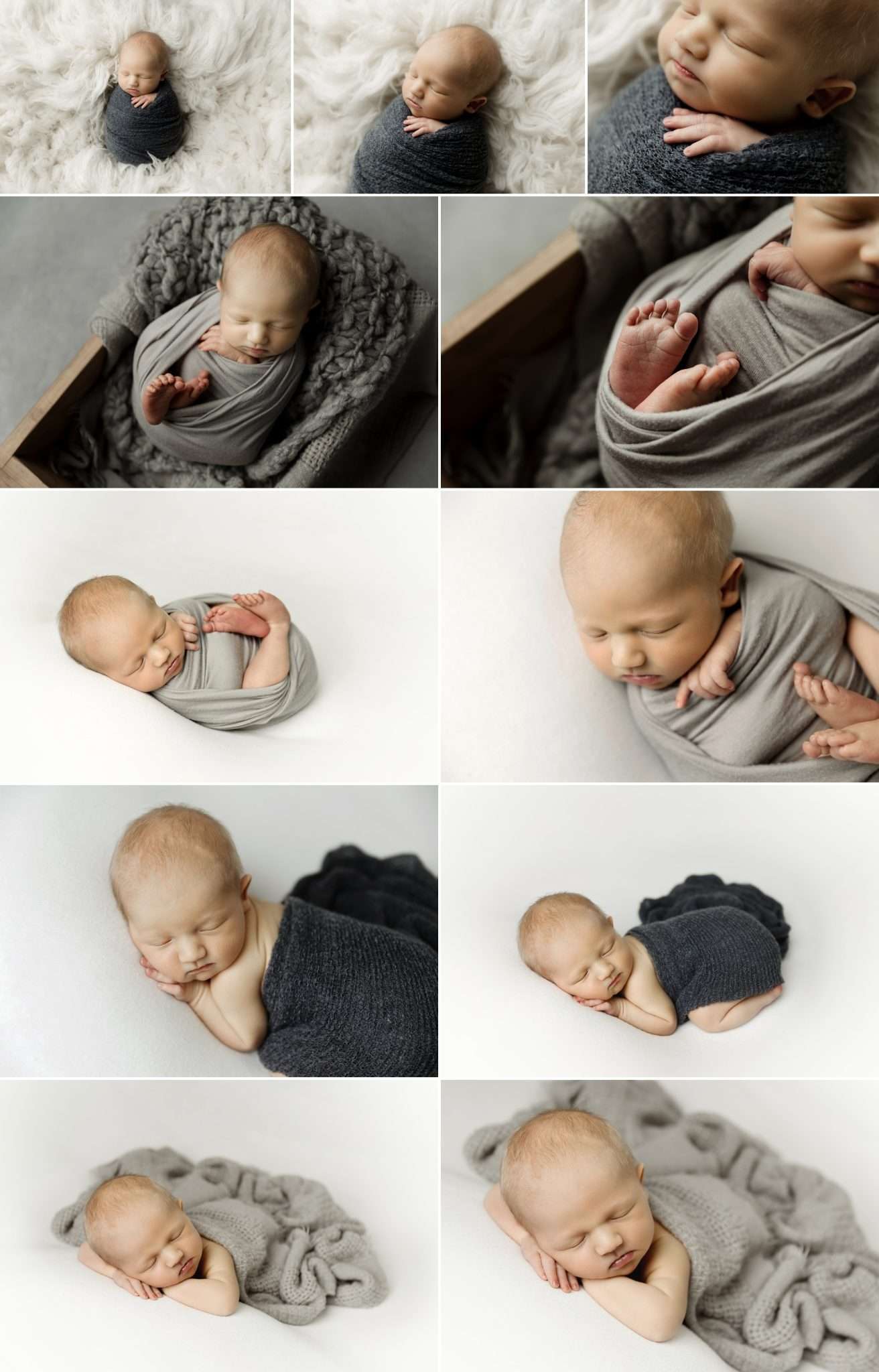 posed newborn boy in grey and blue with medina, mn newborn photographer