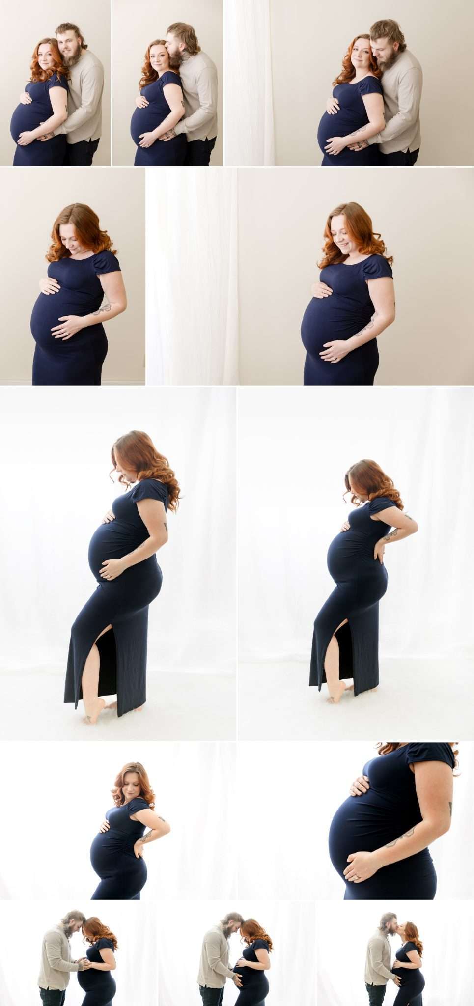 woman in blue dress posing with husband for maternity photographer near blaine, mn