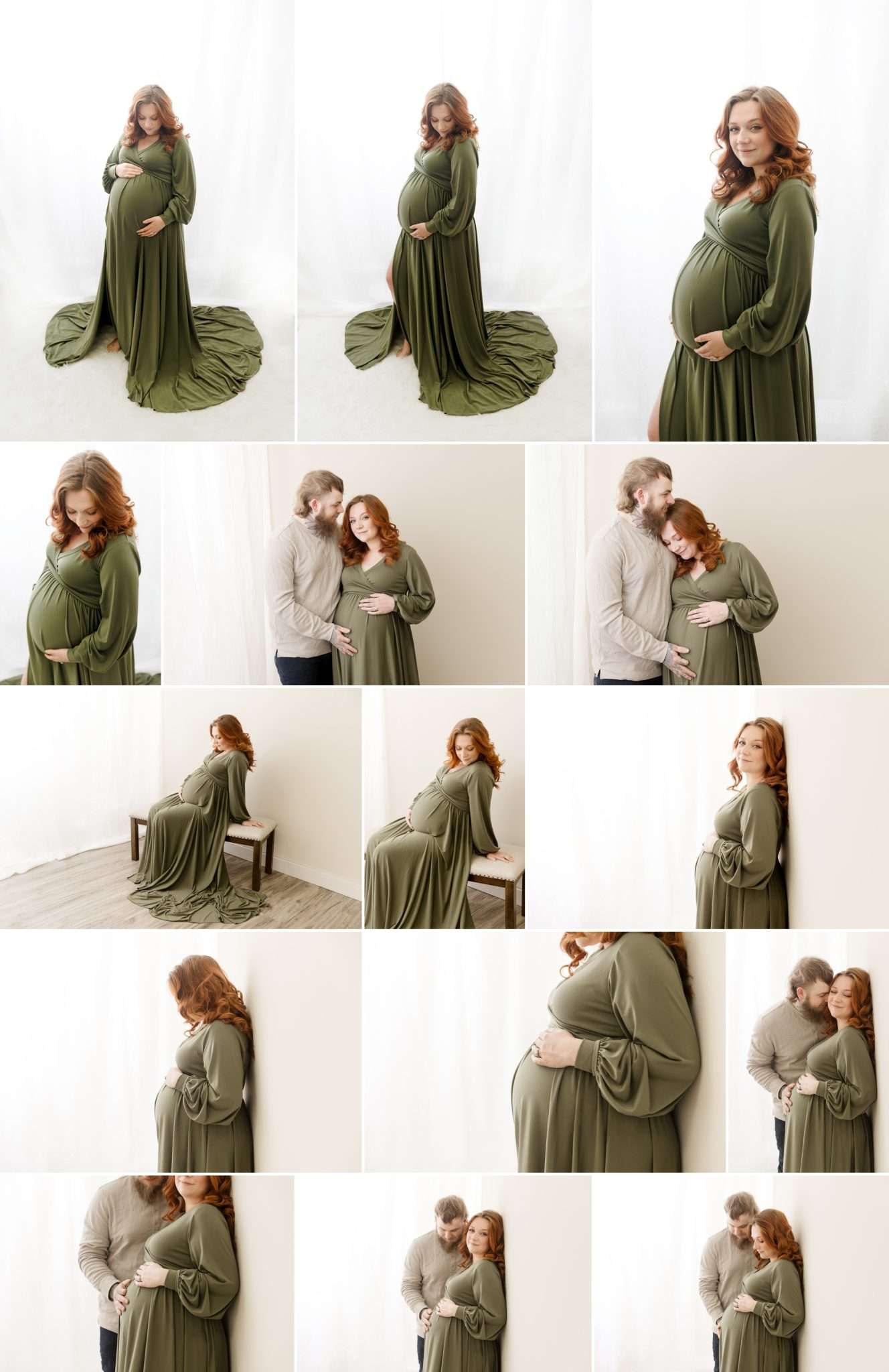 woman in green dress posing for maternity photos with maternity photographer near blaine mn