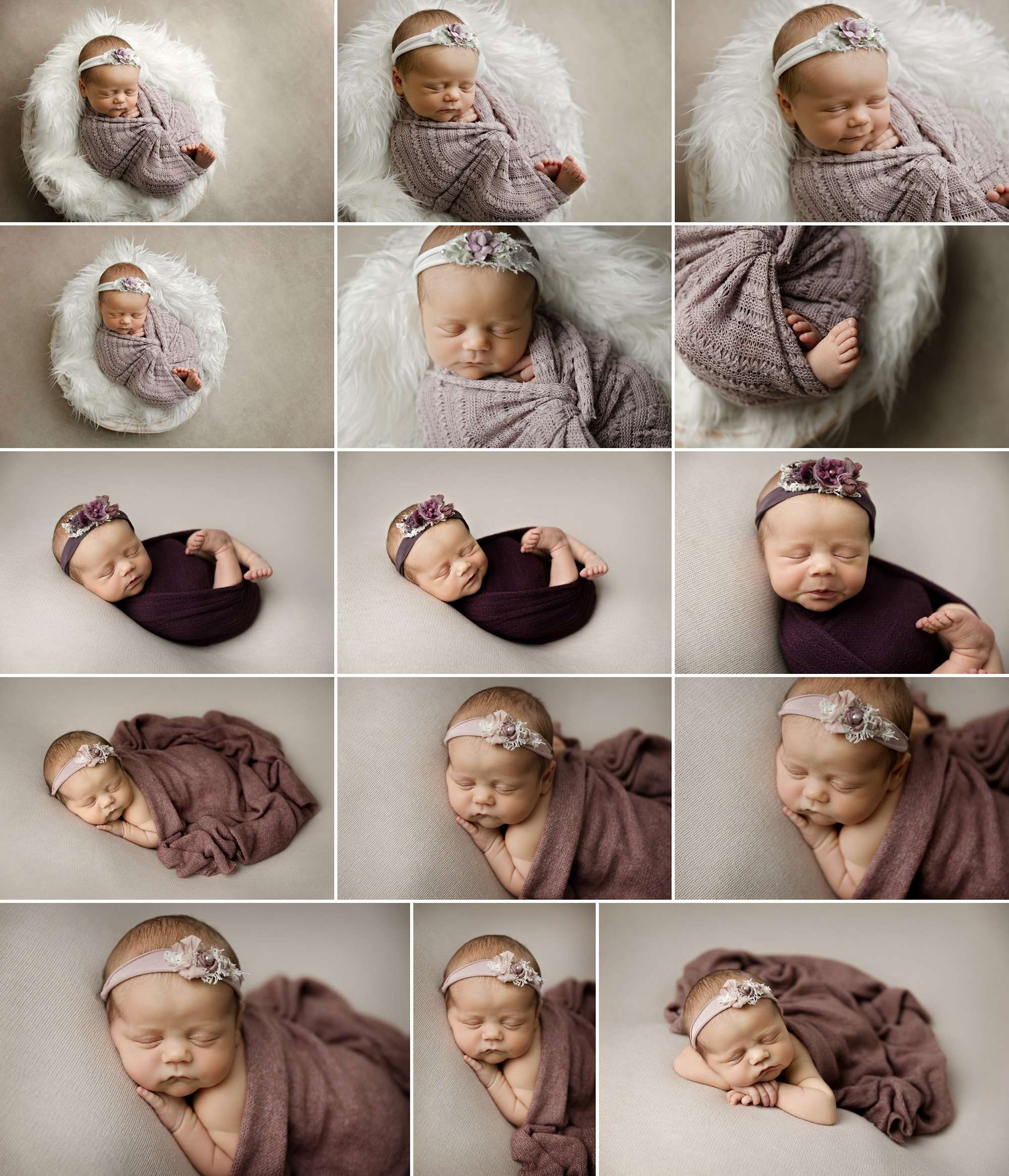 baby girl in shades of purple and mauve posed for her newborn photos near osseo mn