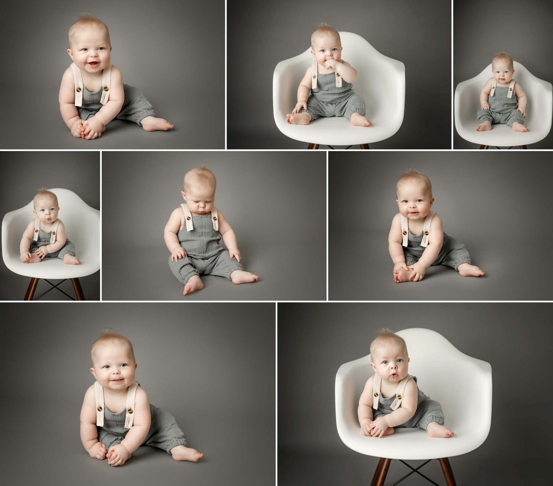 6 month bab boy in overalls on grey backdrop at maple grove baby photography studio