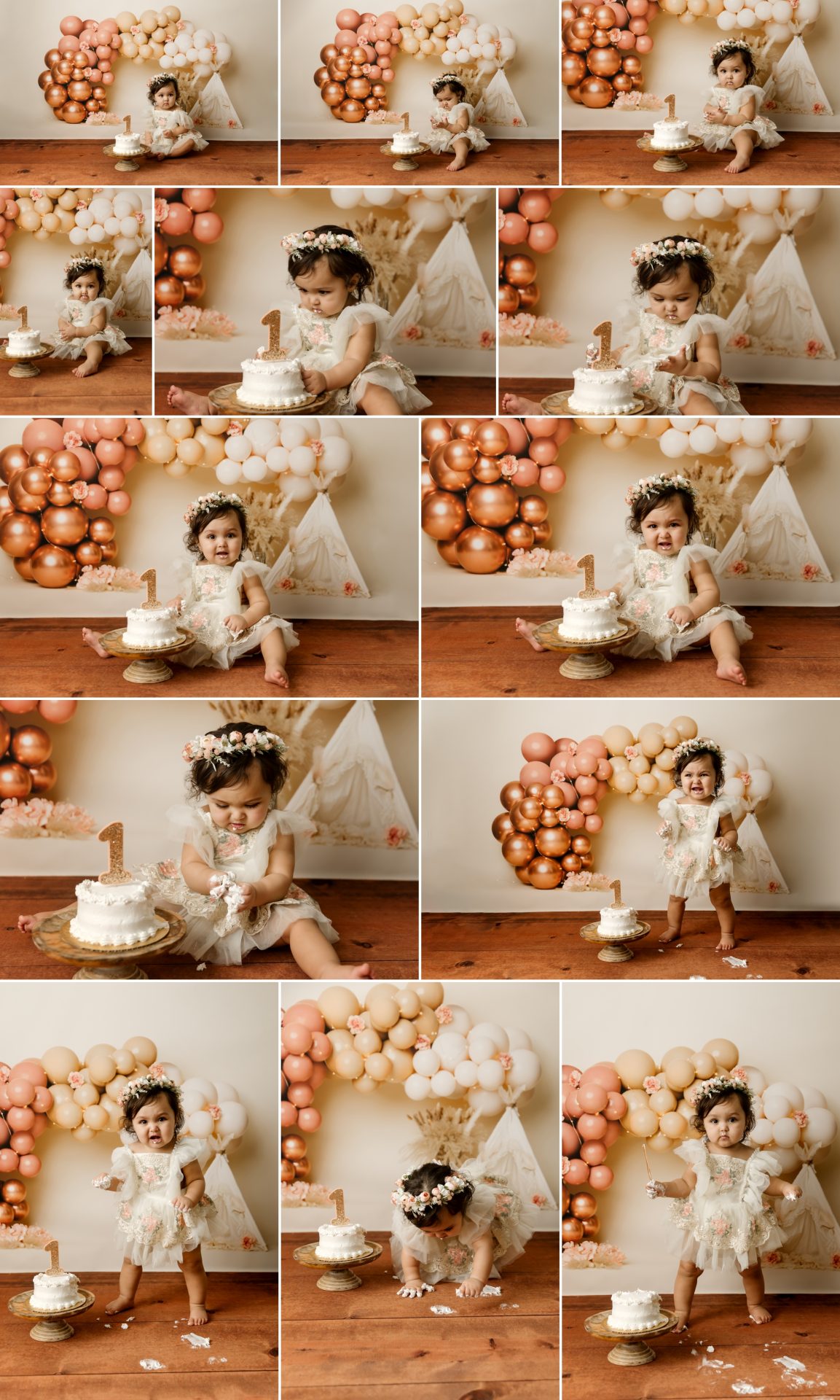 one year baby girl in boho outfit with balloons and tent