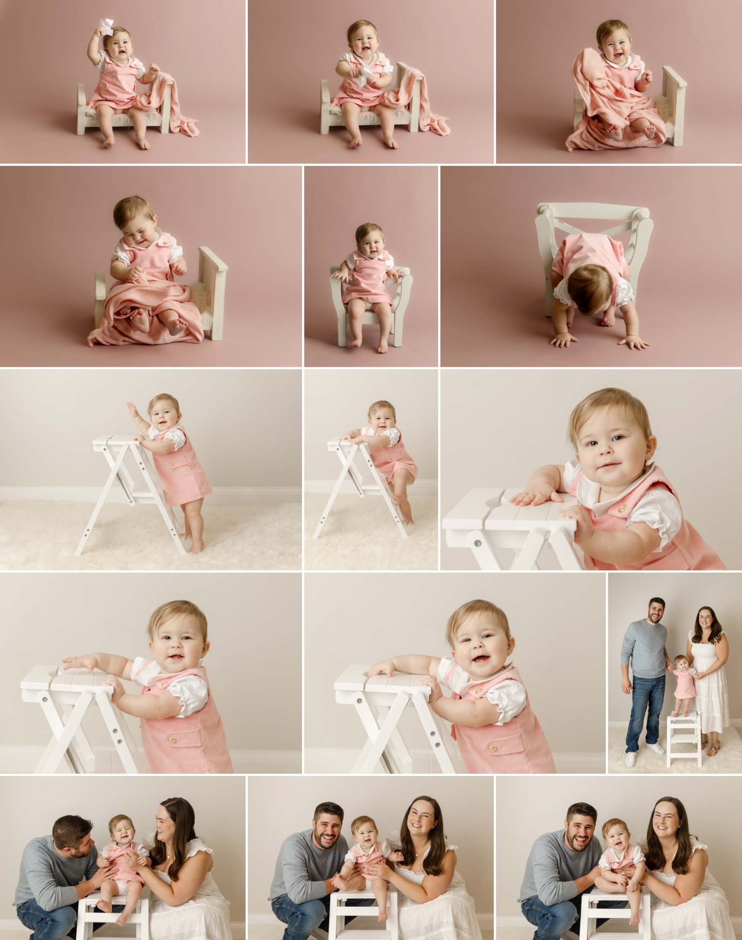 one year old baby girl in pink and white in studio in plymouth mn