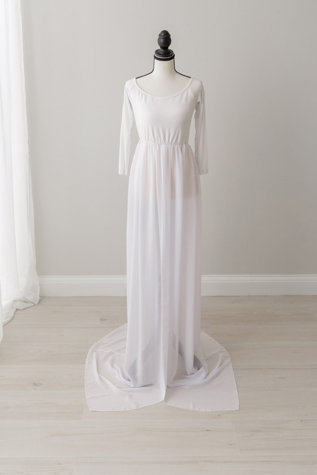 long sleeve white maternity gown with opening in front