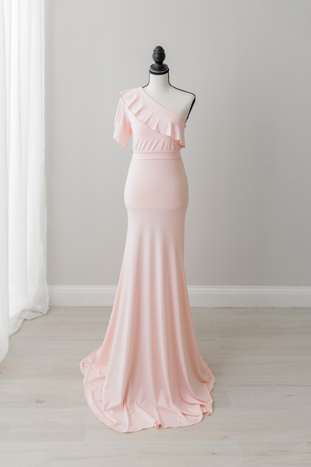 light pink off the shoulder maternity dress